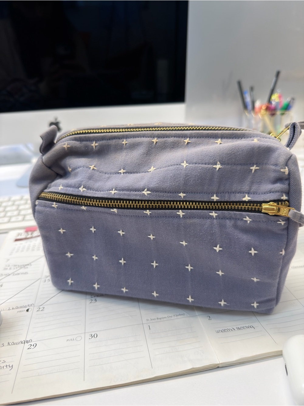 Everyday Canvas Makeup Pouch in Lavender with White Cross Print
